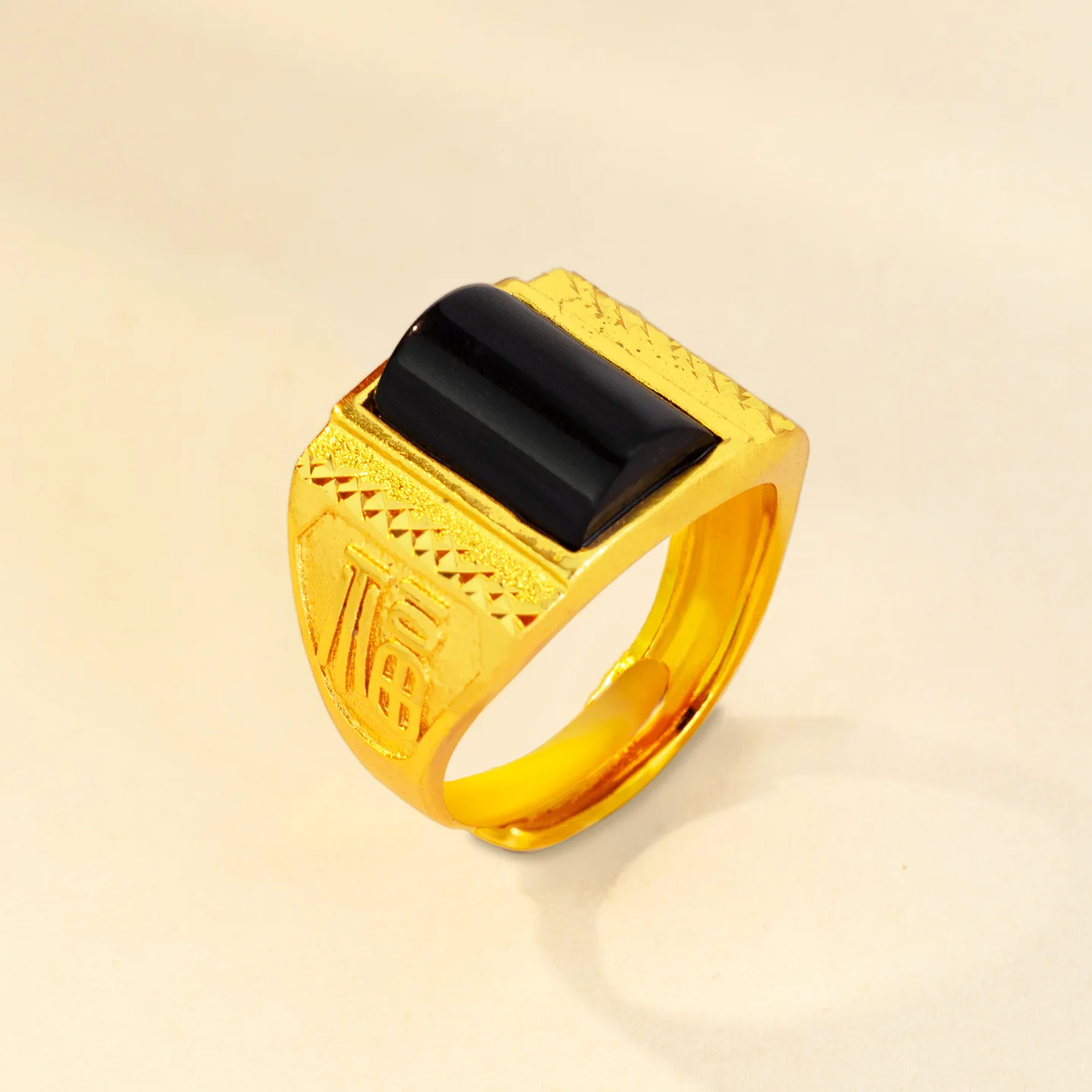 

Роскошное кольцо из чистого золота 9999 пробы 24 карата с черным драгоценным камнем, мужское атмосферное модное регулируемое отверстие