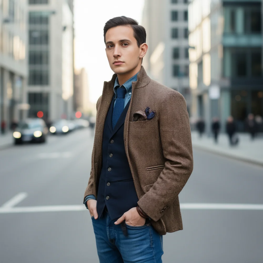 

Men's Brown 1-Piece Blazer Winter Warm Woolen Business Office Notch Lapel Fish Spine Jacket Fishbone Tern Winter Notch L