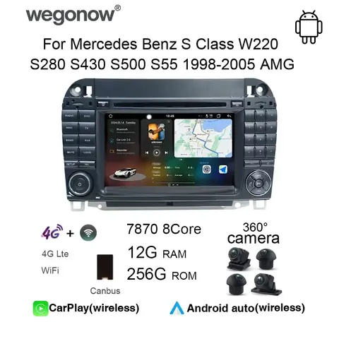 Car Radio Carplay Multimedia Player for Mercedes Benz S Class W220 S280 S430 S500 S55 1998-2005 AMG Android 13 GPS WiFi