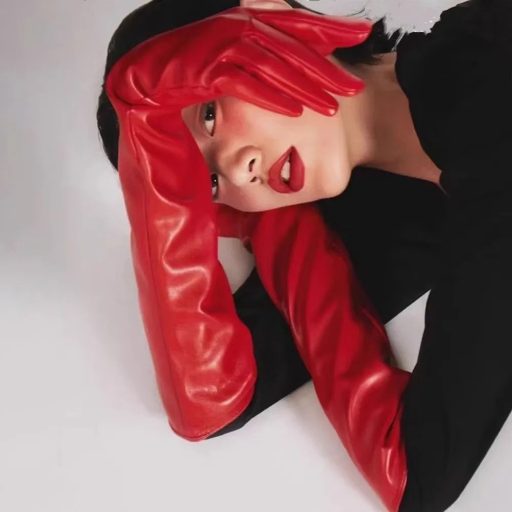 Elegant Long Elbow Gloves Keep Warm Costume Accessories Evening Party Gloves Black Soft Material Patent Leather Gloves