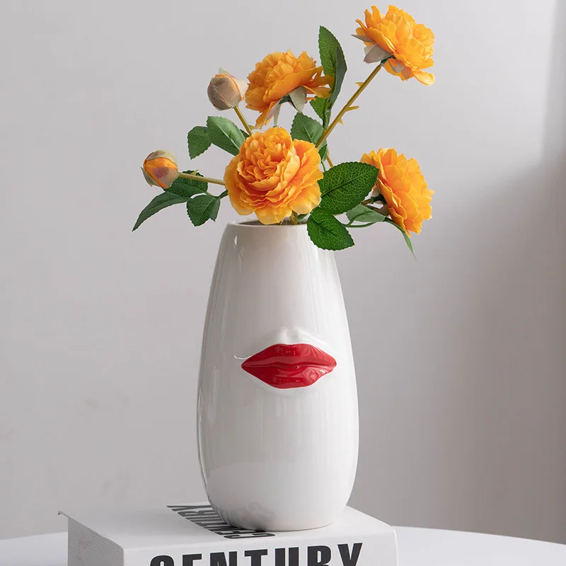 

Red Lip Vase Ceramic Hydroponic Flower Ware White Arrangement Decor Living Room Dining Table Home Decoration