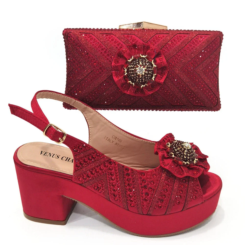 Nigeria Popular African Ladies Shoes And Bags Red Cross Diamond Belt Decoration Exquisite Banquet Ladies Shoes And Bag