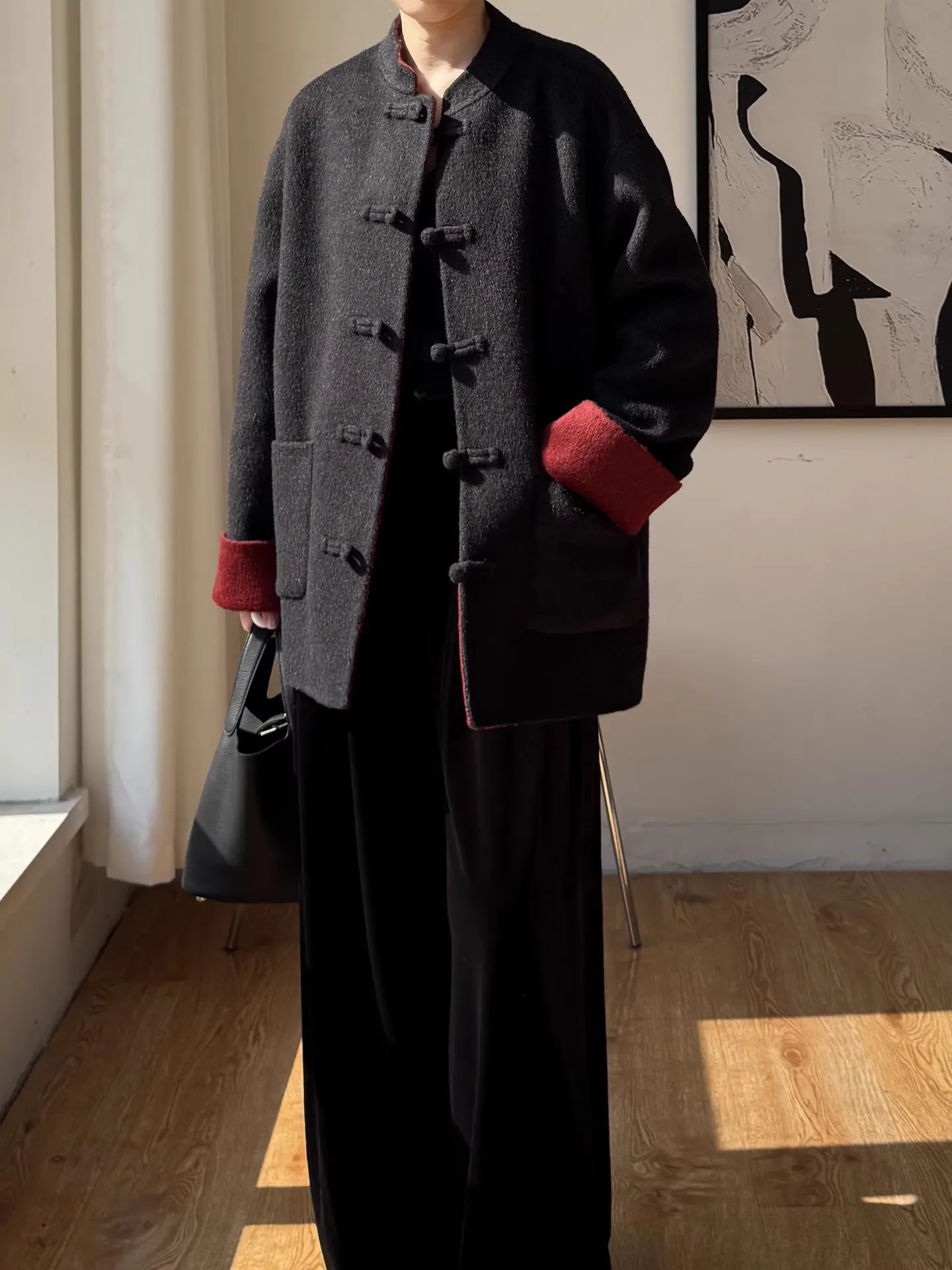 

Новинка 2024 года, высококачественная черно-серая куртка на пуговицах в китайском традиционном стиле, 100% двусторонняя шерстяная куртка, шерстяное пальто Тан