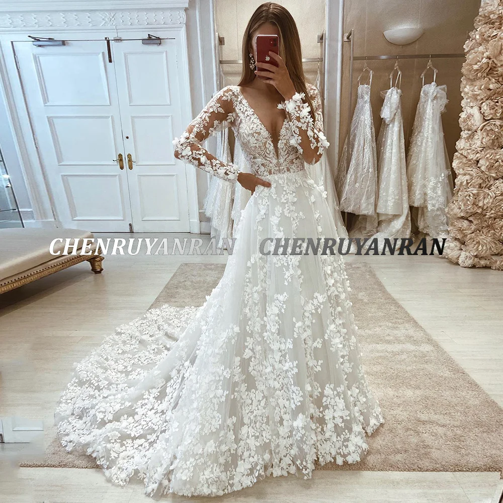 Luxury Wedding Dress For Women 2023 V-Neck Long Sleeves Lace Wedding Gowns Boho A-Line Sweep Train Bride Dress vestidos de novia