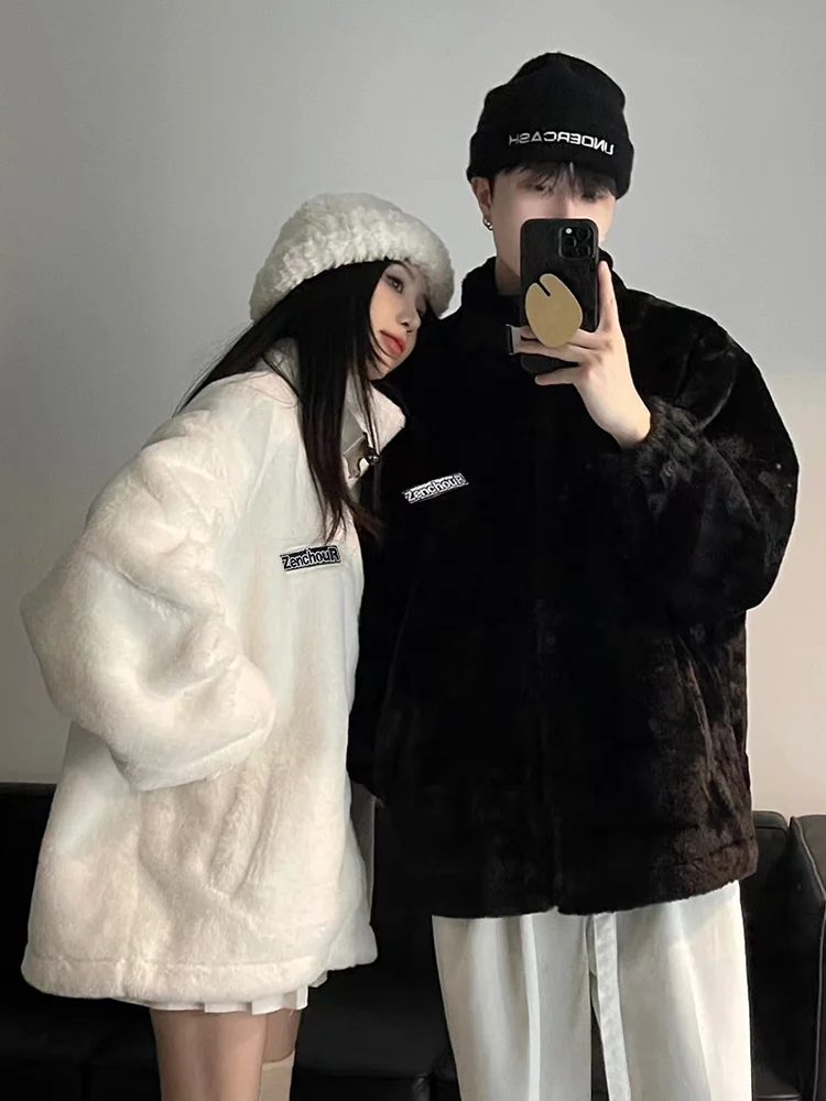 

Winter Thiened Lamb Velvet Jaet Men's Soft Fluffy Cotton Coat Youth Trendy Long Sve Zipper Closure Warm Casual Outerwear