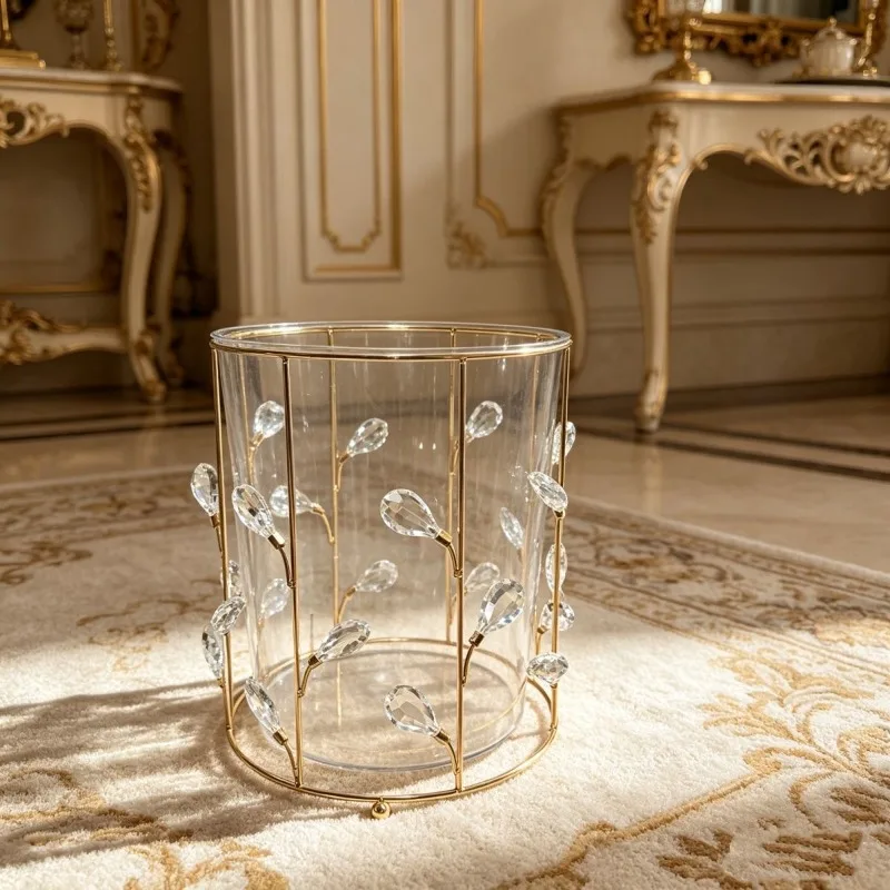 European light luxury modern style golden twisted bead trash can, wrought iron with transparent inner tank storage trash can