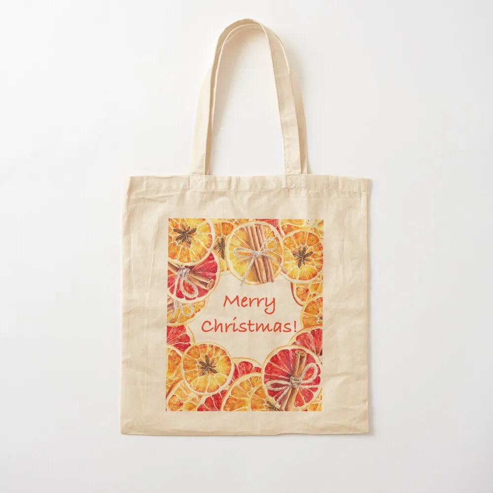 Merry Christmas watercolor illustration with oranges wreath Tote Bag Big bag women large size bags Gift bags Canvas Tote Bag