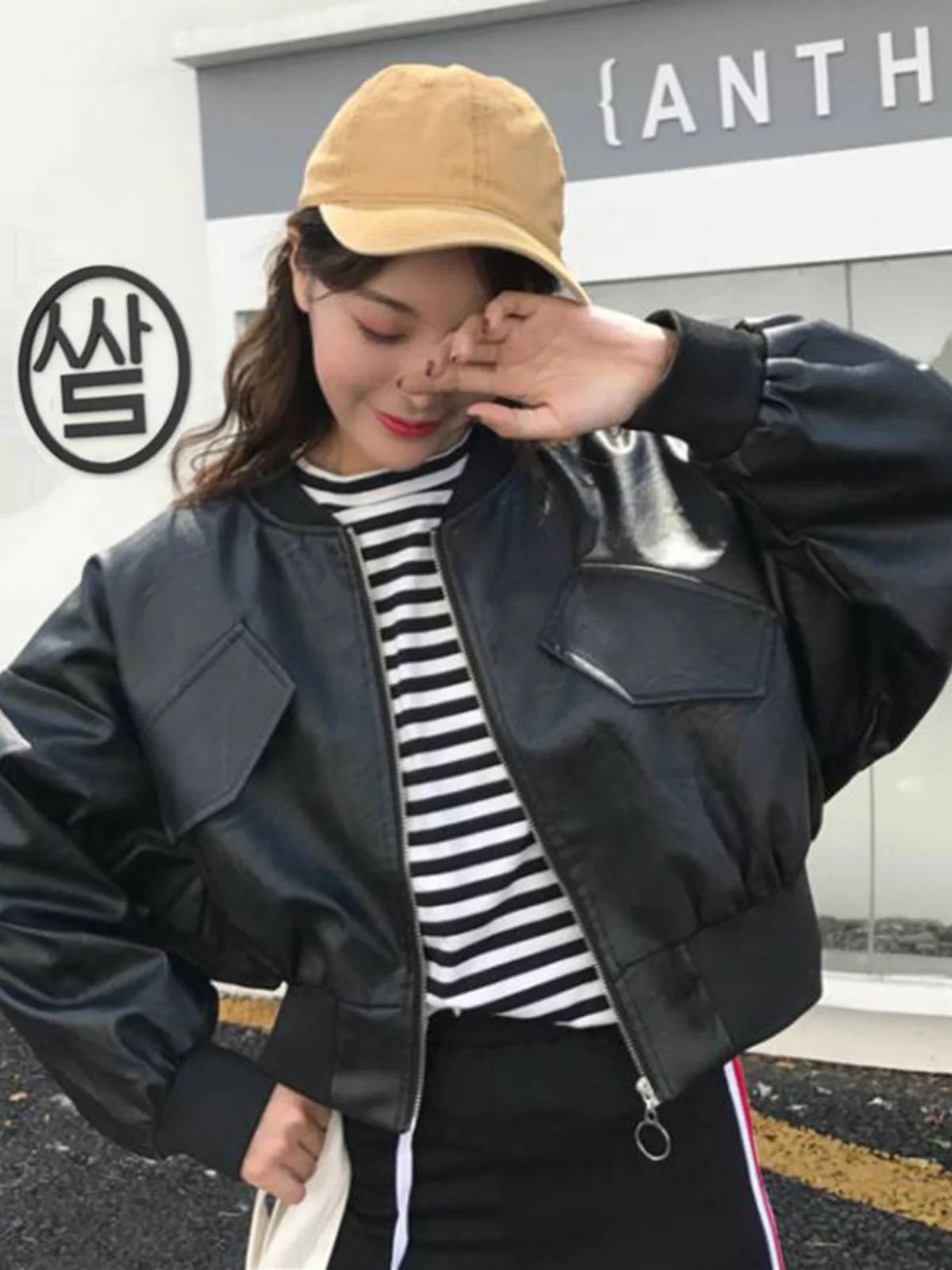 

Black PU Leather Baseball Jacket Women's Loose Casual Motorcycle Style Top Spring Autumn New Arrival Versatile Short Coat