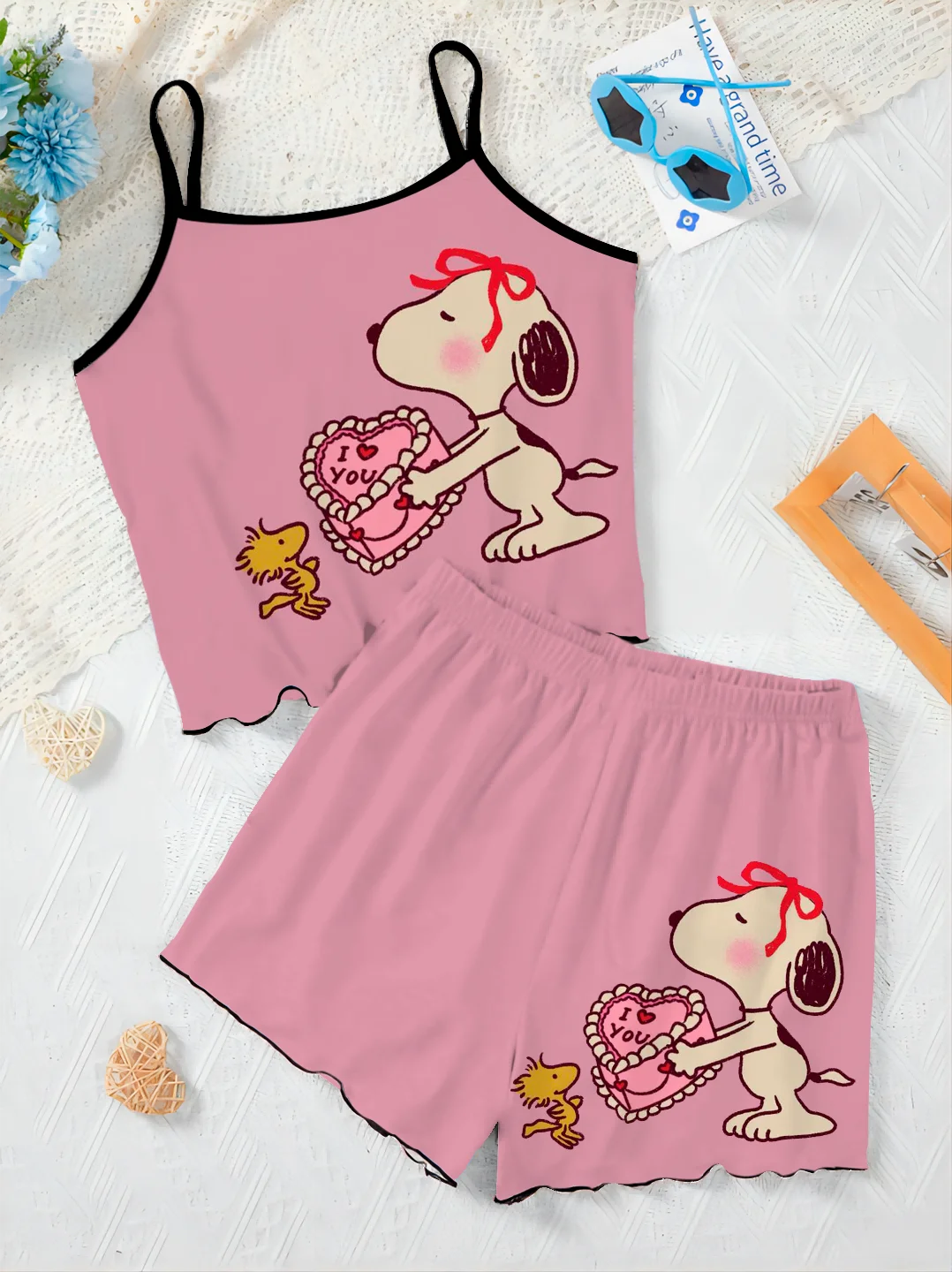 Vestido Disney-Home com guarnição de alface para mulheres, camiseta e top e conjuntos curtos do Snoopy, conjunto de 2 peças, fundo elegante, vestido deslizante