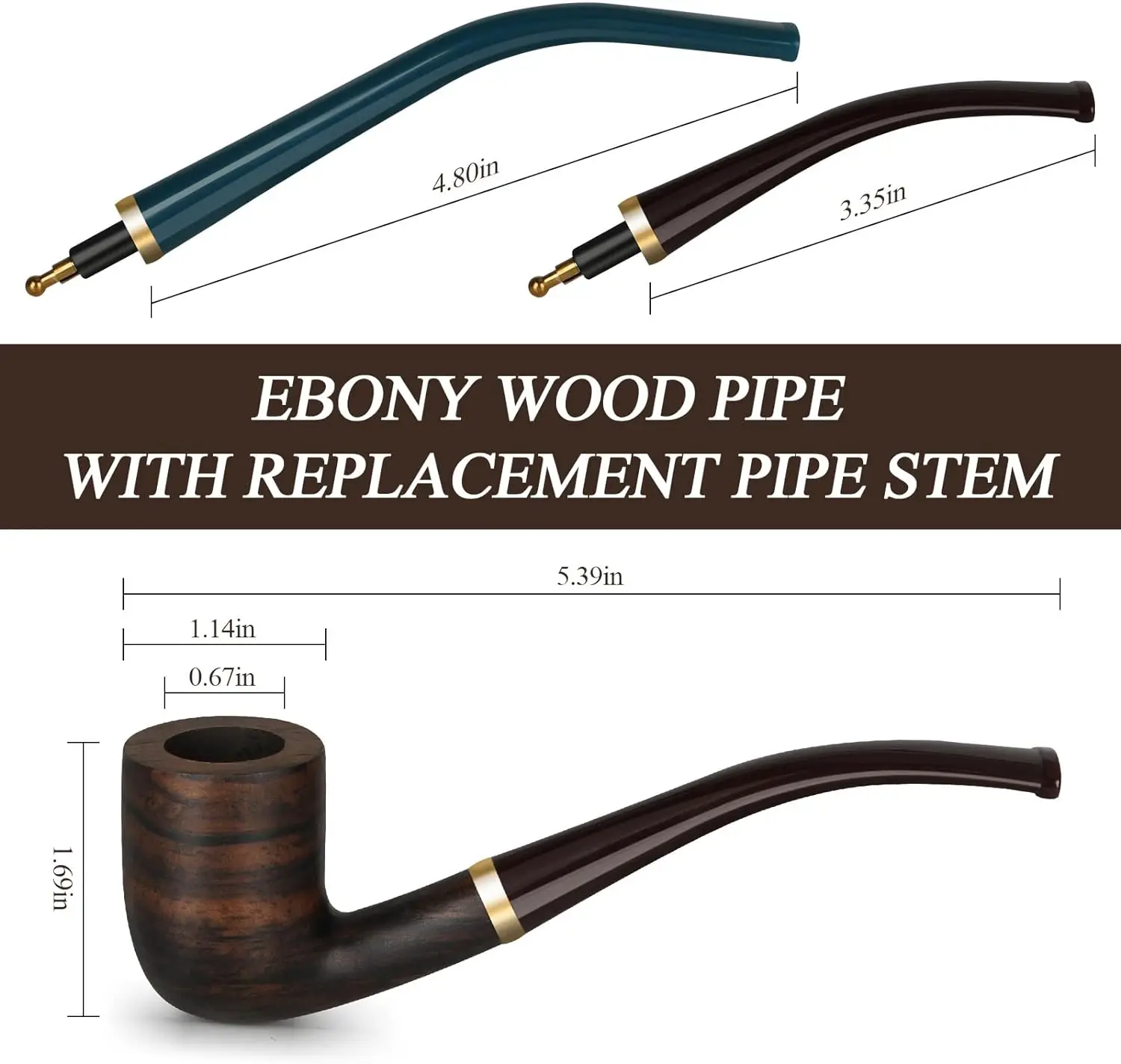 Handmade Smoking Pipe,Ebony Wood Pipe Kit with Replaceable Long Pipe Stem,4-in-1 Pipe Stand Holder,Smoking Pipe Gift Box