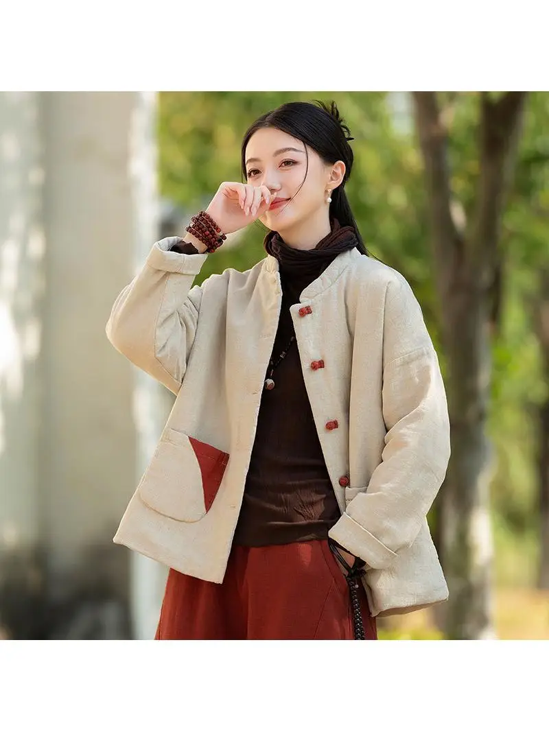 

Женская короткая утепленная хлопковая куртка с воротником-стойкой, в стиле пэчворк, на пуговицах, в ретро-стиле, зимнее теплое пальто из хлопка и льна