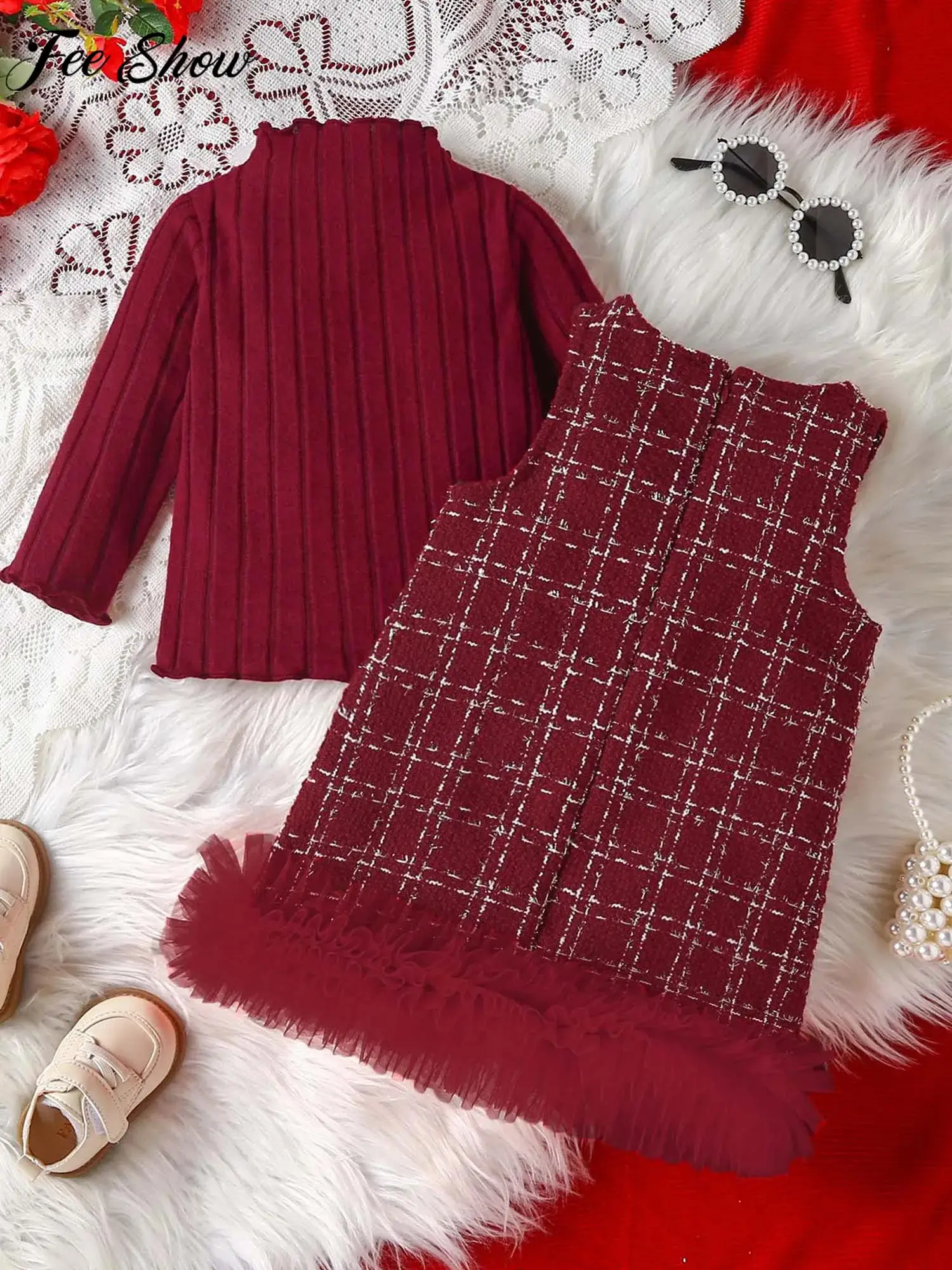 

Toddler Girls Christmas Birthday Wedding Party Photography Costume Sleeveless Tulle Hem Plaid Dress with Long Sleeve Sweater Top