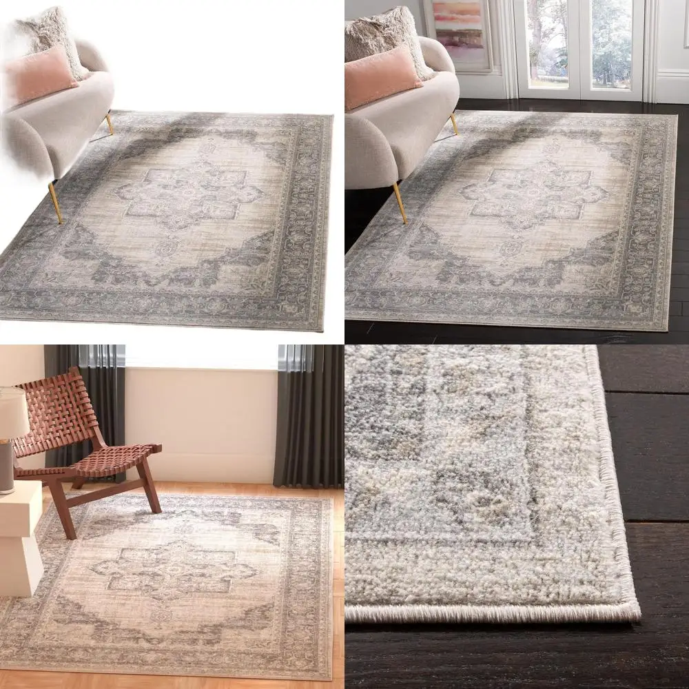 

6x9 Cream & Grey Distressed Medallion Area Rug, Non-Shedding, Easy Clean, Perfect for Living Room, Bedroom, Dining Area