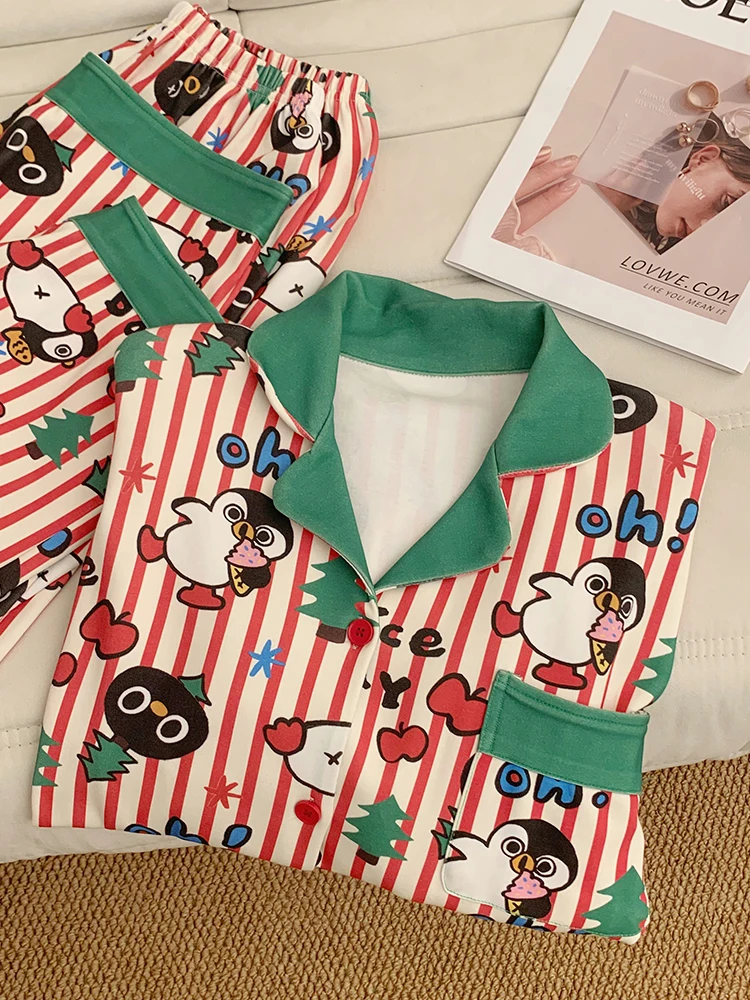 超ソフト純綿長袖パジャマ女性の春秋ペンギンプリントホーム服セット快適なカジュアルスタイル