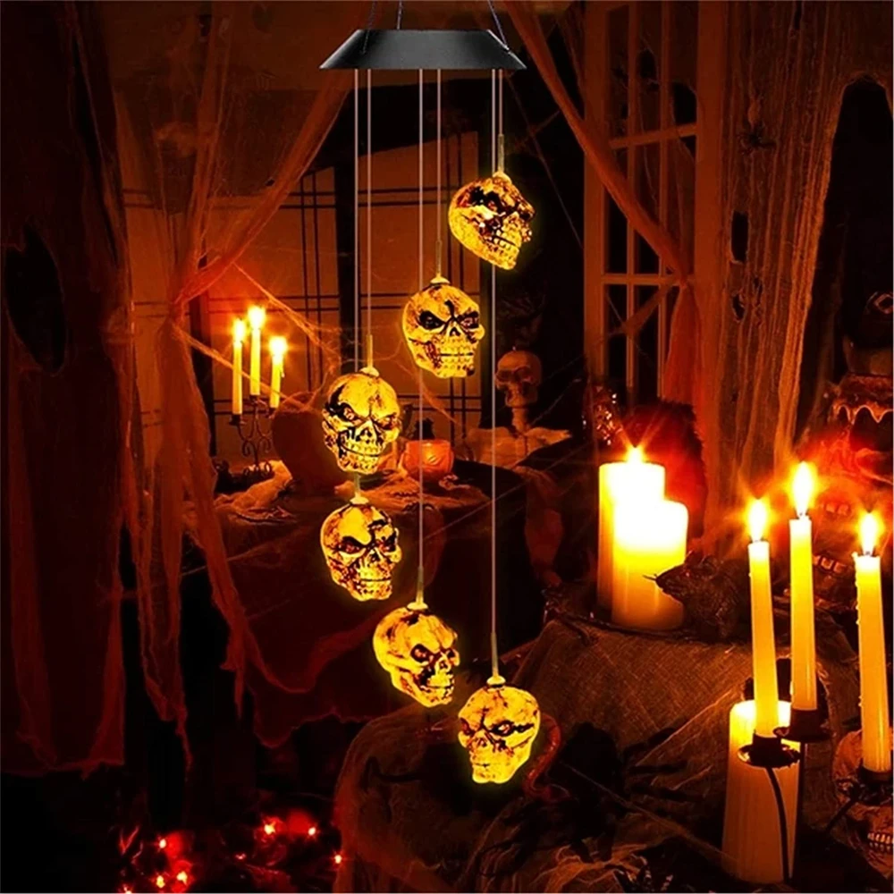 

6LEDs Solar Skull Pumpkin Wind Chime Lights String Christmas Halloween Ghost Hyacinth Light for Holiday Home Party Patio Decor