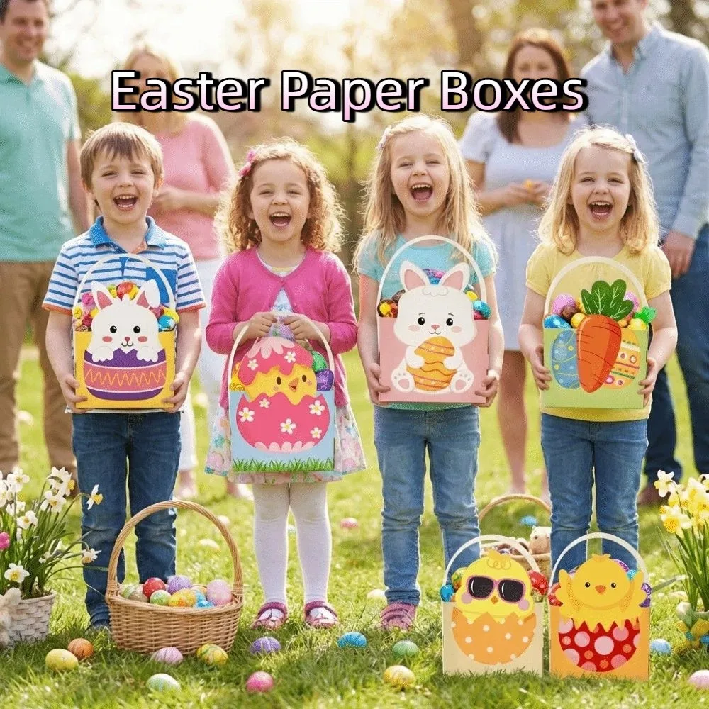 

6pcs Cartoon Easter Bunny Candy Boxes with Handle Handmade Easter Paper Boxes Egg Rabbit Carrot Empty Basket Gift Box