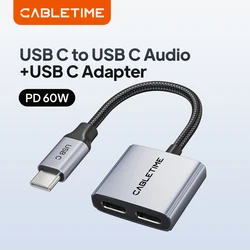 CABLETIME USB C to Dual USB C Headphone and Charger Adapter PD 60W Fast Charger Aluminium Adapter Hi-Fi for IPhone 16 HUAWEI