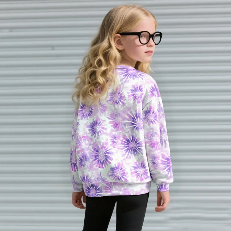 Hot Sale Girls Long Sleeve Sweatshirt - Purple Tie Dye Floral Print Casual Pullover Top for Kids