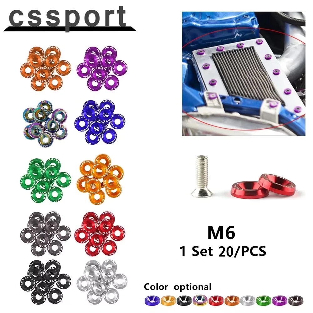 Universal M6 20Pcs Car Modified Hex Fasteners Fender Washer JDM Bumper Engine Aluminum Concave Screws For Honda