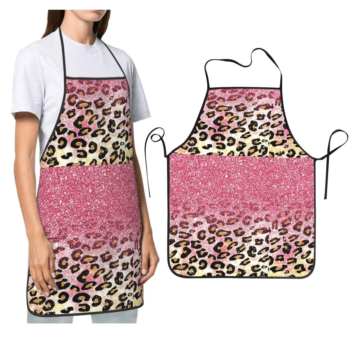 

Пузырьковая резинка, розовый искусственный блеск, леопардовый фартук с животным принтом, фартуки для шеф-повара, кулинарии, кухни, нагрудник без рукавов, кухонный сарафан для чистки