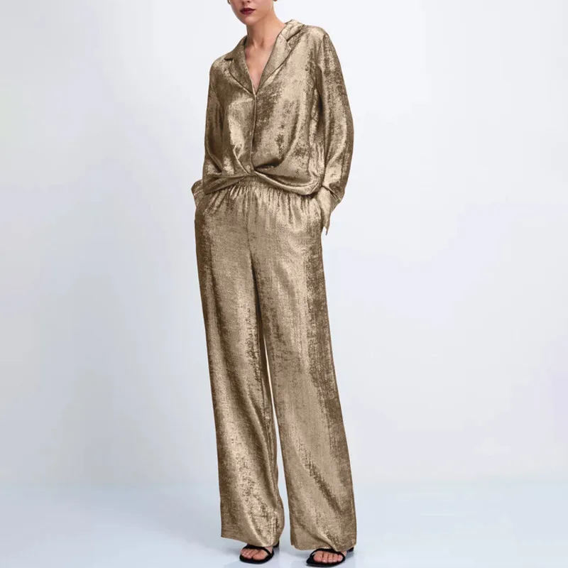 HKSH 2026 Spring New Women Casual Two-piece Set Turn-down Collar Long Sleeves Shirt Elastic Waisted Wide Leg Pants Trend HK19091
