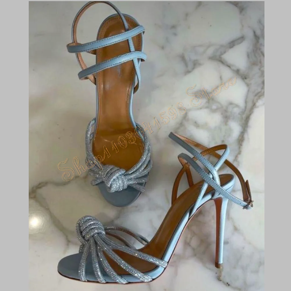 

Blue Crystal Cross Strap Sandals Stilettos High Heels Ankle Strap High Heel Shoes for Women Heels 2024 New Zapatos Para Mujere