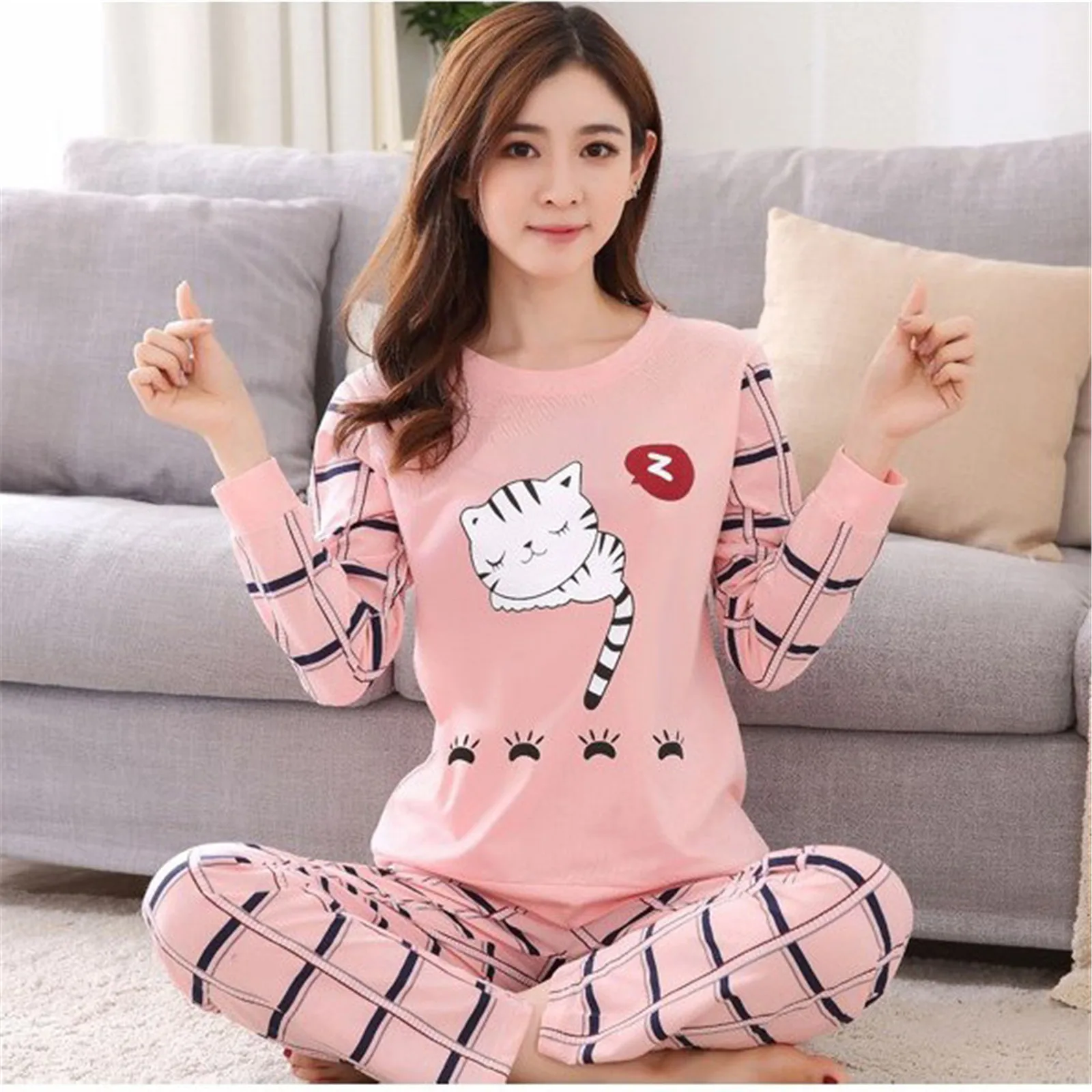 Autumn and Winter Woman  Loose Long Sleeves Shirt + Long Pants Pajamas Two-piece Suit