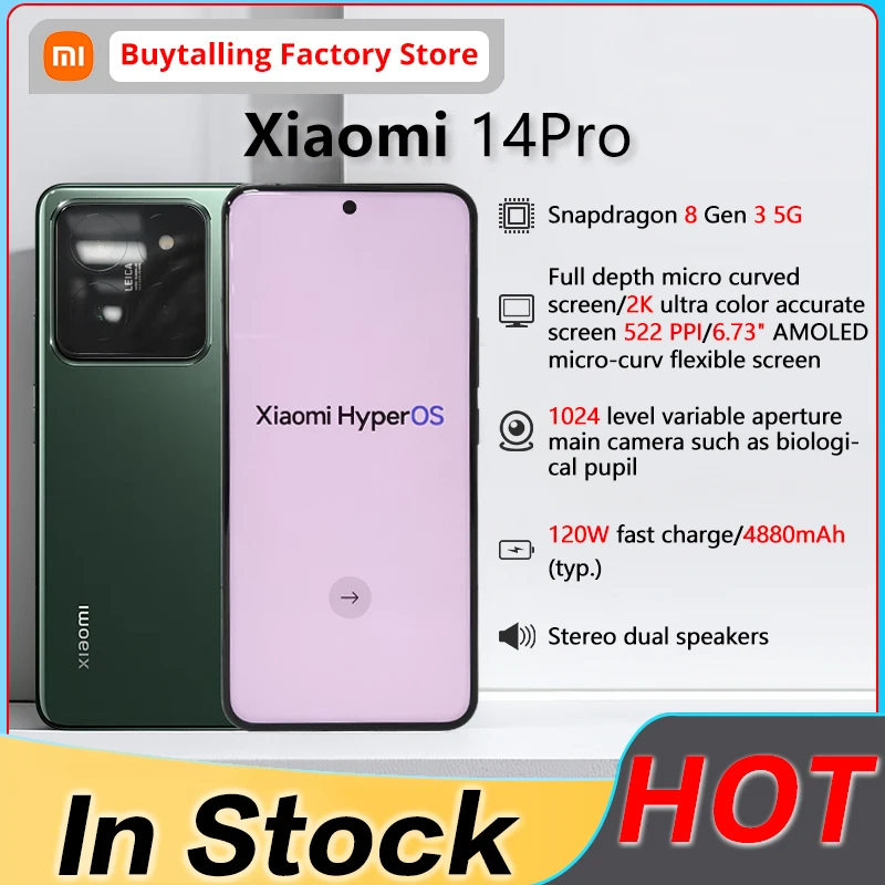 Xiaomi Mi 14pro 5G Mobile Phone 6.73inch Snapdragon 8 Gen 3 50MP Leica Camera 120HZ Screen 120W Wired HyperCharging