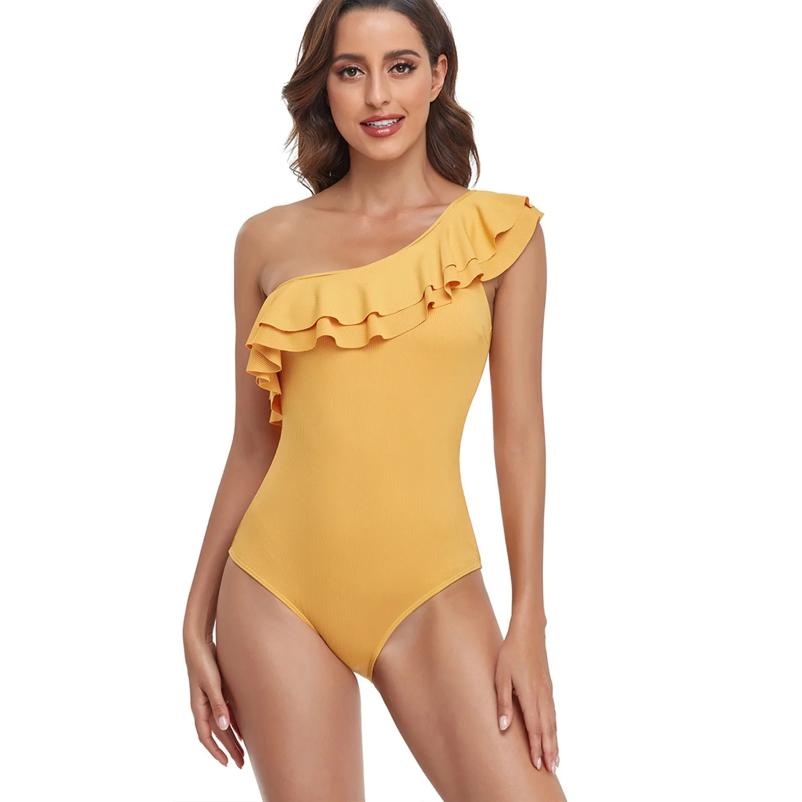 Women Sexy One-shouldered Swimwear Summer Beach Lace Up Strappy One Piece Solid Swimwear Asymmetric Ruffle Bikini Ladies Bathing