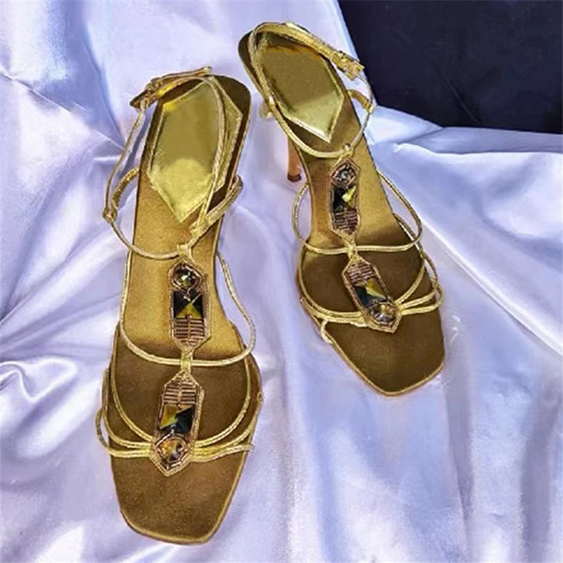 Fashion Gold Women Sandals Rhinestone High Heel Dress Shoes Woman Straps Gladiator Sandal Retro Square Toe Women Pumps