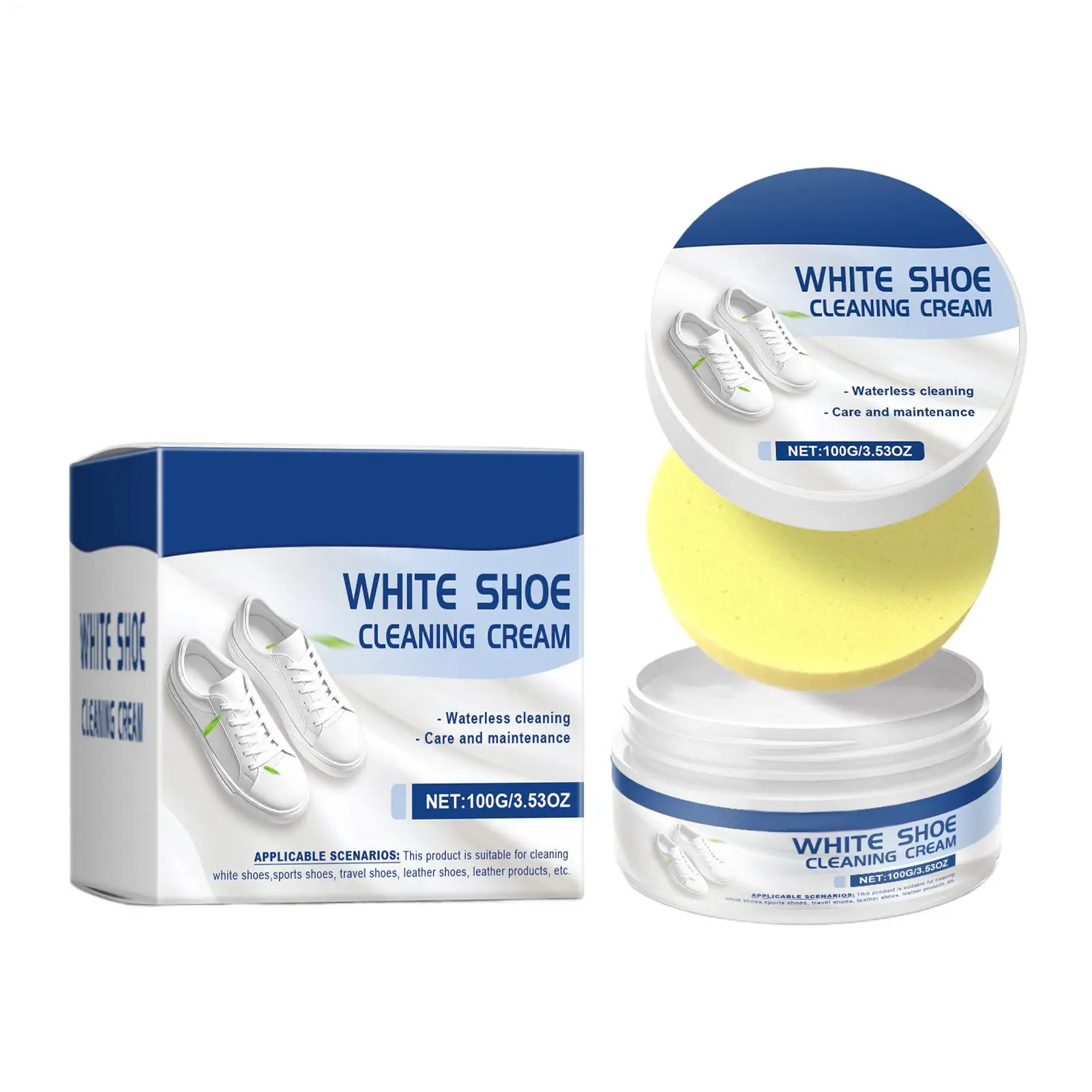 100g White Shoe Cleaner Cream with Sponge, No-Wash Multipurpose Sneaker Whitening Polish, Stain Remover for Leather Canvas Shoes