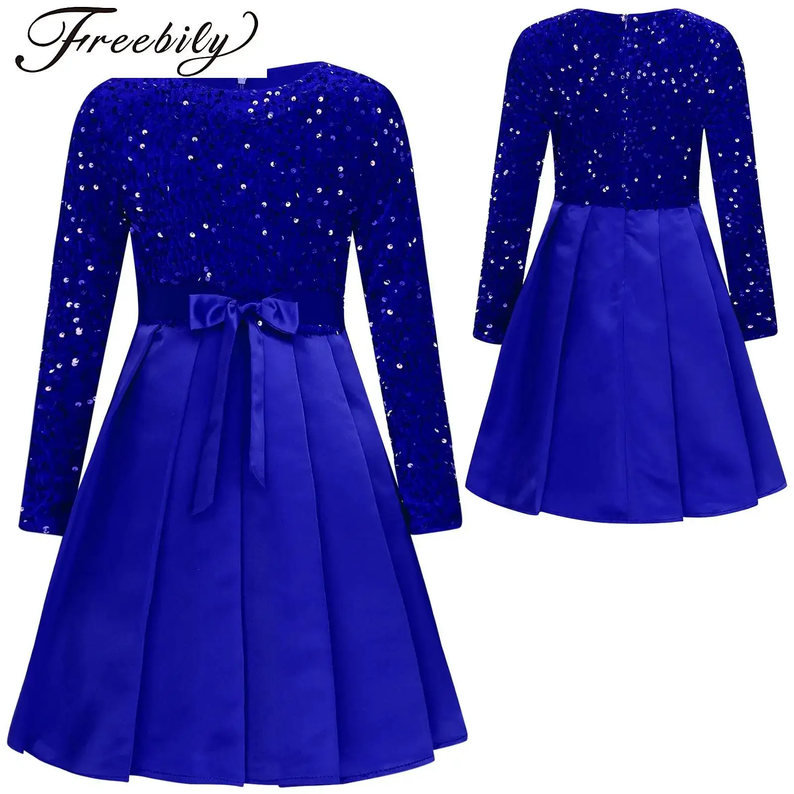 

Girls Glitter Sequin Party Gown Princess Dress Long Sleeve High Waist Belt Pleated Dress for Birthaday Banquet Wedding Pageant