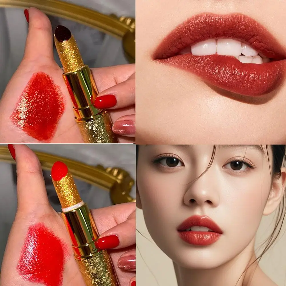 

2 Colors Diamond Pearlescent Lipstick Glitter Shiny Lipstick Long Lasting Lip Tint Non-stick Cup Red Sexy Lips Makeup