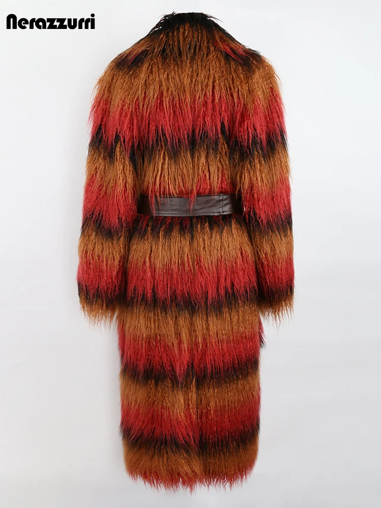 Nerazzurri Winter Lange Oversized Kleurrijke Dikke Warme Shaggy Faux Fur Trenchcoat Voor Vrouwen Met Lederen Riem Europese Mode