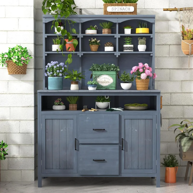 

2026 New：45.3 Large Outdoor Fir Wood Potting Storage, Multi-Functional Patio Kitchen Island with 6-Shelf Hutch