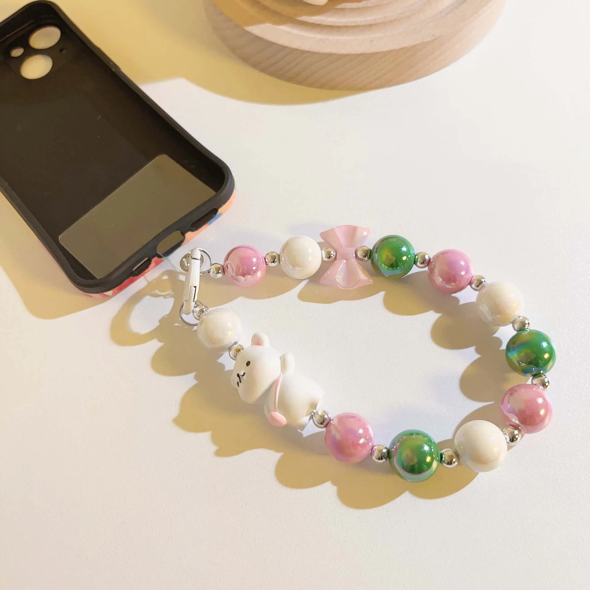 Cartoon Bear Love Beads Mobile Phone Chain Lanyard Cute Short Pendant Keychain Hanging Cord Straps Fashion Jewelry Accessories