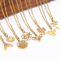 Stainless Steel Tropical/Bee/Daisy/Flower/Hummingbird/Fish Tail Pendants Necklace Women Elegant 18K PVD Plated Necklace Jewelry