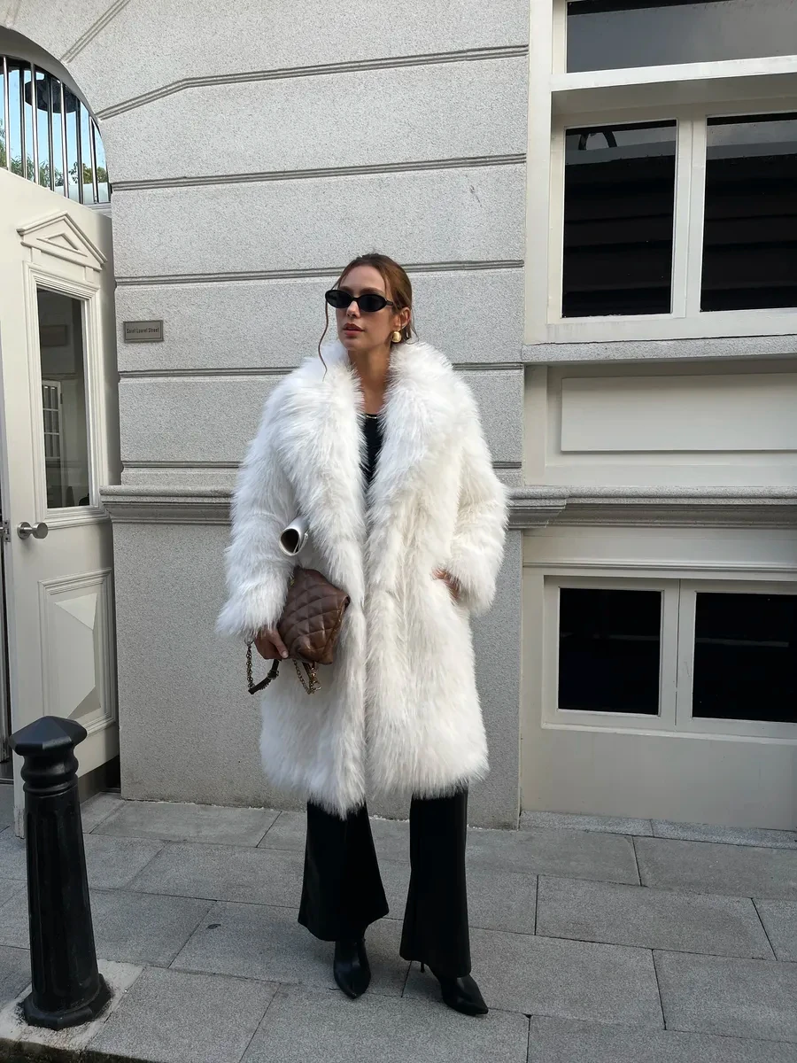Women  Long Furry Coat Lapel Collar Thick Warm Winter Loose Streetwear Outerwear