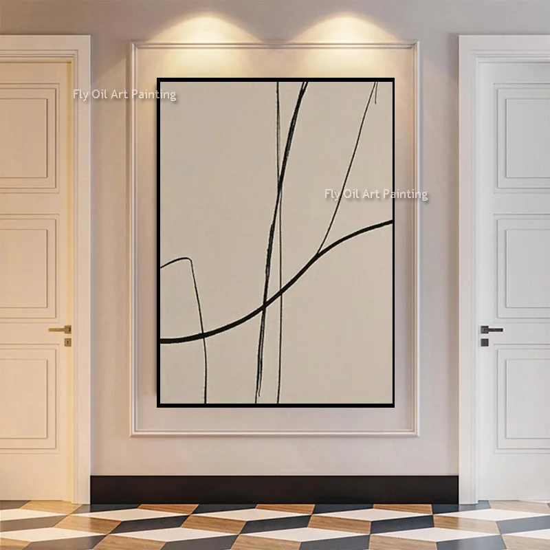 تصميم عصري كبير باللون البني والبيج الفني مصنوع يدويًا بخط أسود أصلي جديد وبيج لوحة زيتية بسيطة على قماش ديكور للغرفة