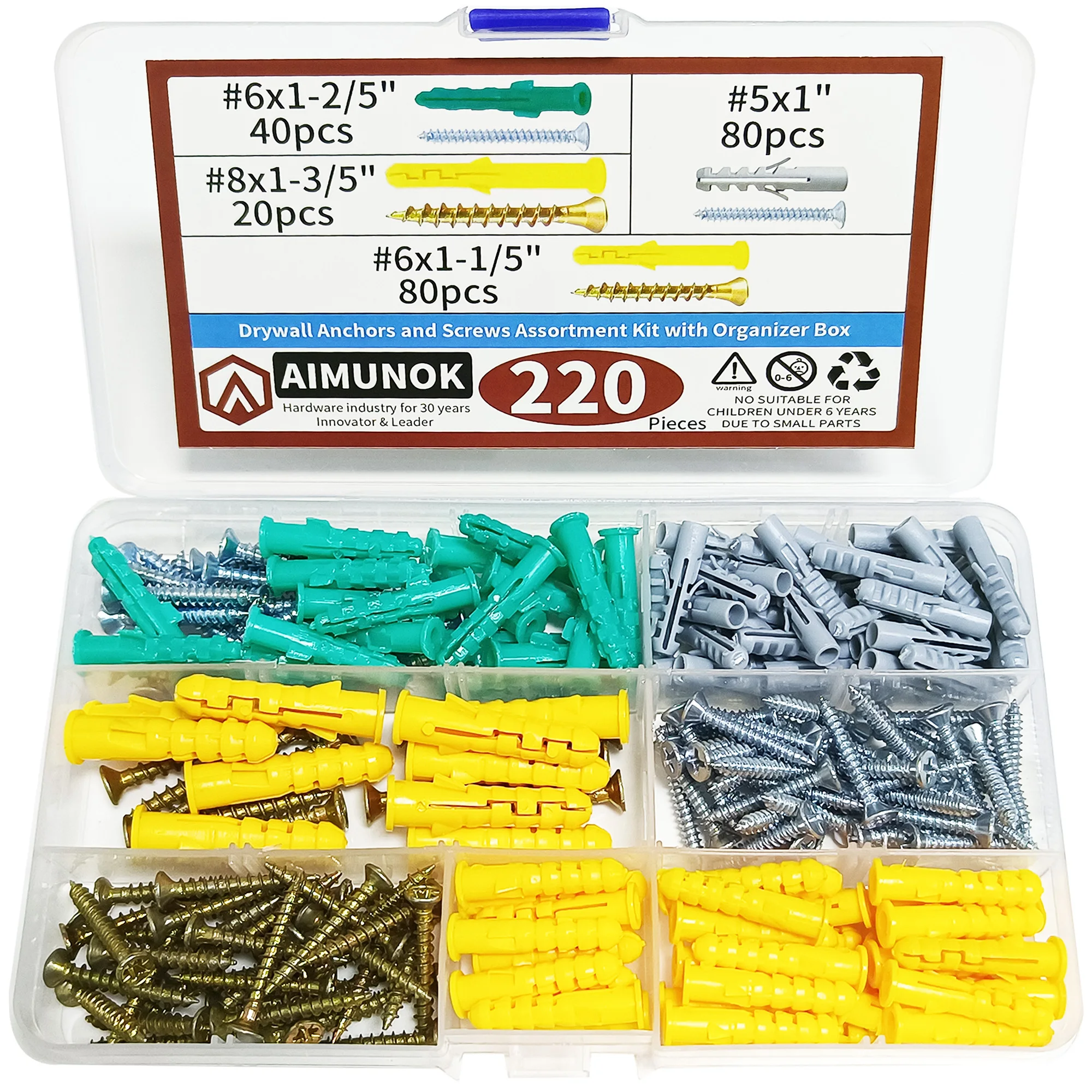 220pcs Drywall Anchors and Screws Assortment kit with Organizer Box Fasteners Tools ​#8x1-3/5\'\' ​#8x1-3/5\'\' #5x1\'\'cessories