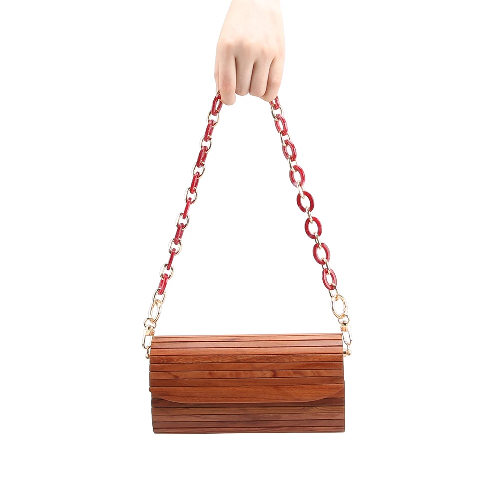 Nilerun Unique Handmade Hard Solid Wood Purse Evening Bag Natural Red Rosewood Wooden Handbag Messenger Shoulder Crossbody Bag