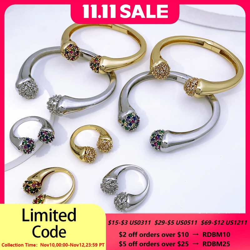 

Luxury Women Bangle And Ring Set High Quality 18K Gold Plated Copper Bracelet With Zircon Fashion Jewelry Wedding Party Gift