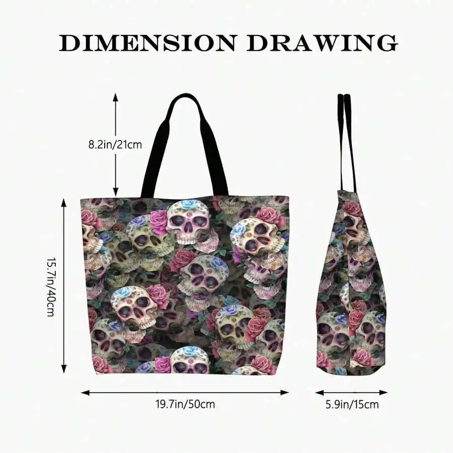 

Sugar Skull Tote Bag For Adults Gothic Floral Skull Print Casual Shoulder Bag Day Of The Dead Halloween