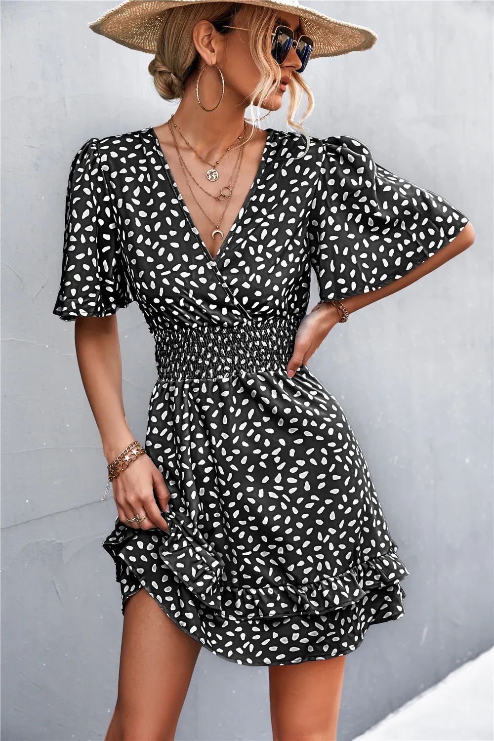 Women Dot Pattern Dress V-neck Ruffle Sleeve Dress Casual Street Sexy Style Dress Waist Wrap Dress Women Summer Dress