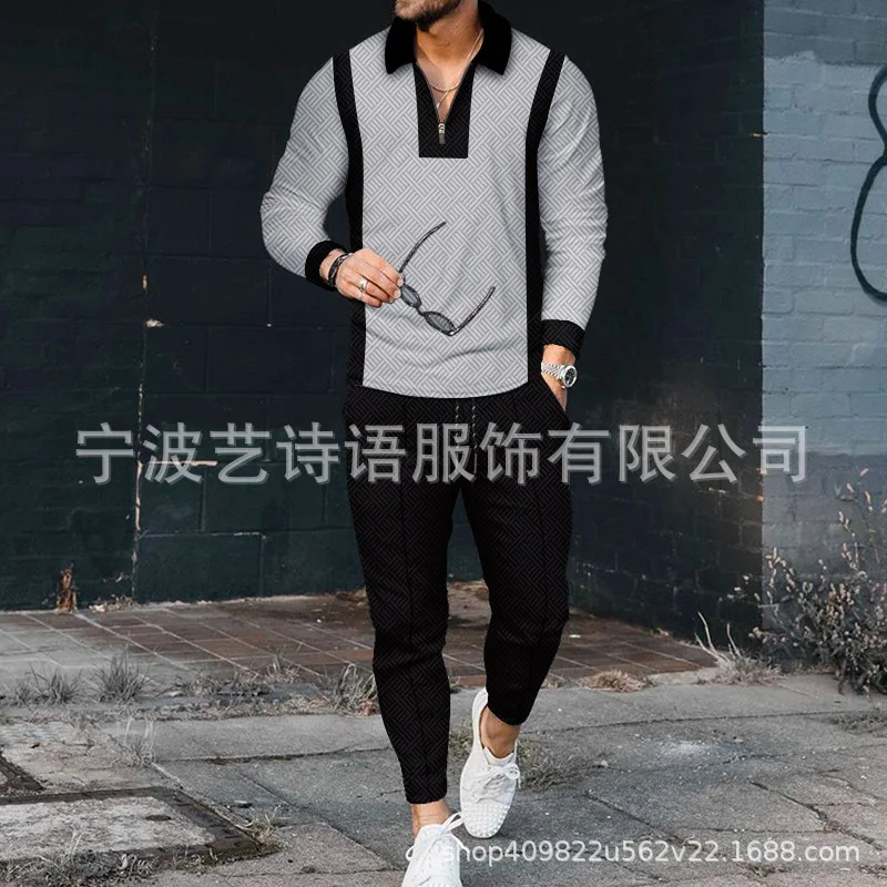 

Мужские новые комплекты из двух предметов, комплект брюк с отложным воротником и длинным рукавом, повседневная рубашка-поло на молнии, топы, длинные брюки с принтом на шнуровке и высокой талией