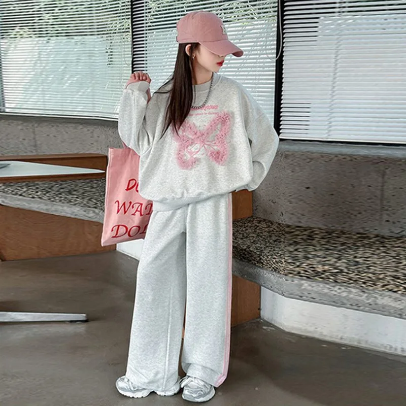 ZOETOPKID Mädchen Herbst-Sets Teenager Frühling Sportanzüge Kinder Spitze Schmetterling Sweatshirt+Lose Hose 2-teilig Kinder-Outfits – Detail 5