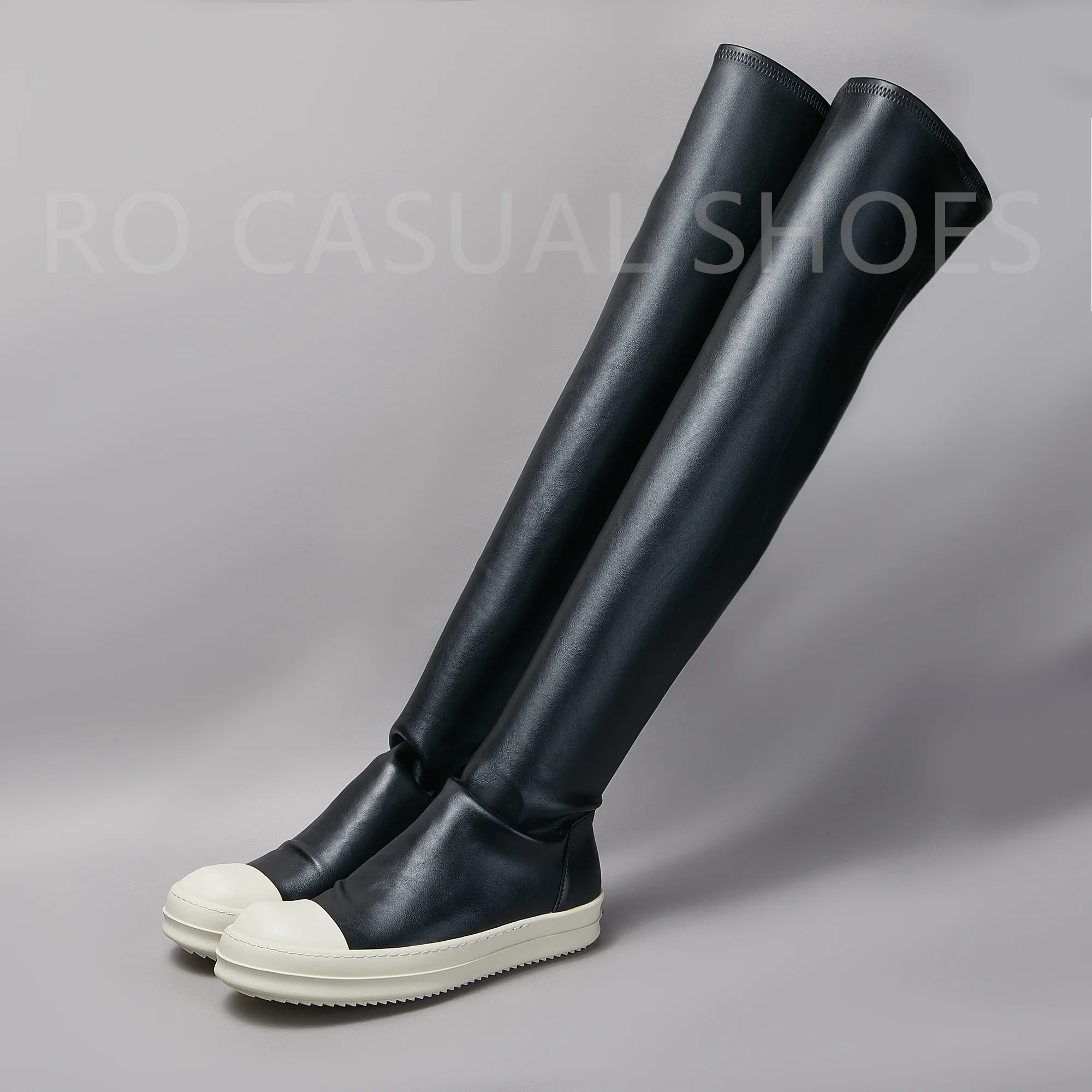 Moda damska Ro Boot Skórzane buty za kolano Czarne skórzane wsuwane płaskie buty na co dzień