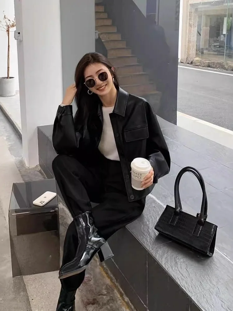 Bla ort PU Leather Jaet Women's Spring Autumn Cool Sle Biker Jaet Korean Version Small Size Faionable Top