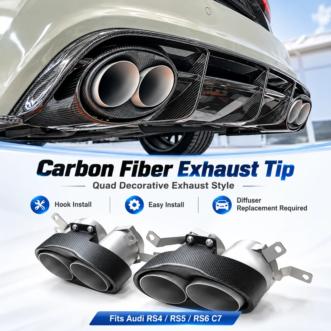 Carbonfaser-Quad-Auspuffendrohr für Audi A3 A4 A5 A6 A7 S3 S4 S5 S6 RS3 RS4 RS5 RS6 RS7 Schalldämpfer-Endrohr Auspuffblende Tuning