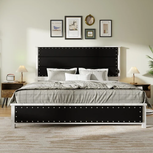 King Size Bed Frame with Upholstered Headboard, King Bed Frame with Charging Station and LED Lights, Wood Slatspromote sales